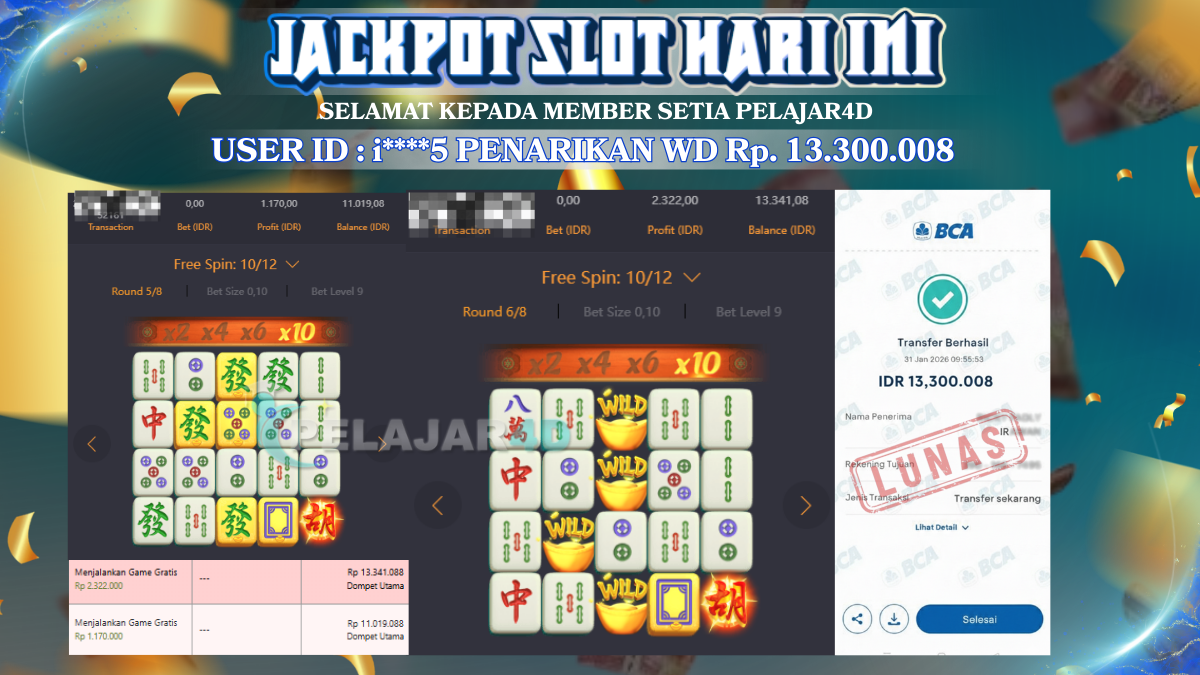 Jackpot Hari ini Di Slot Pg Soft Game Mahjong Ways Rp 13.300.008