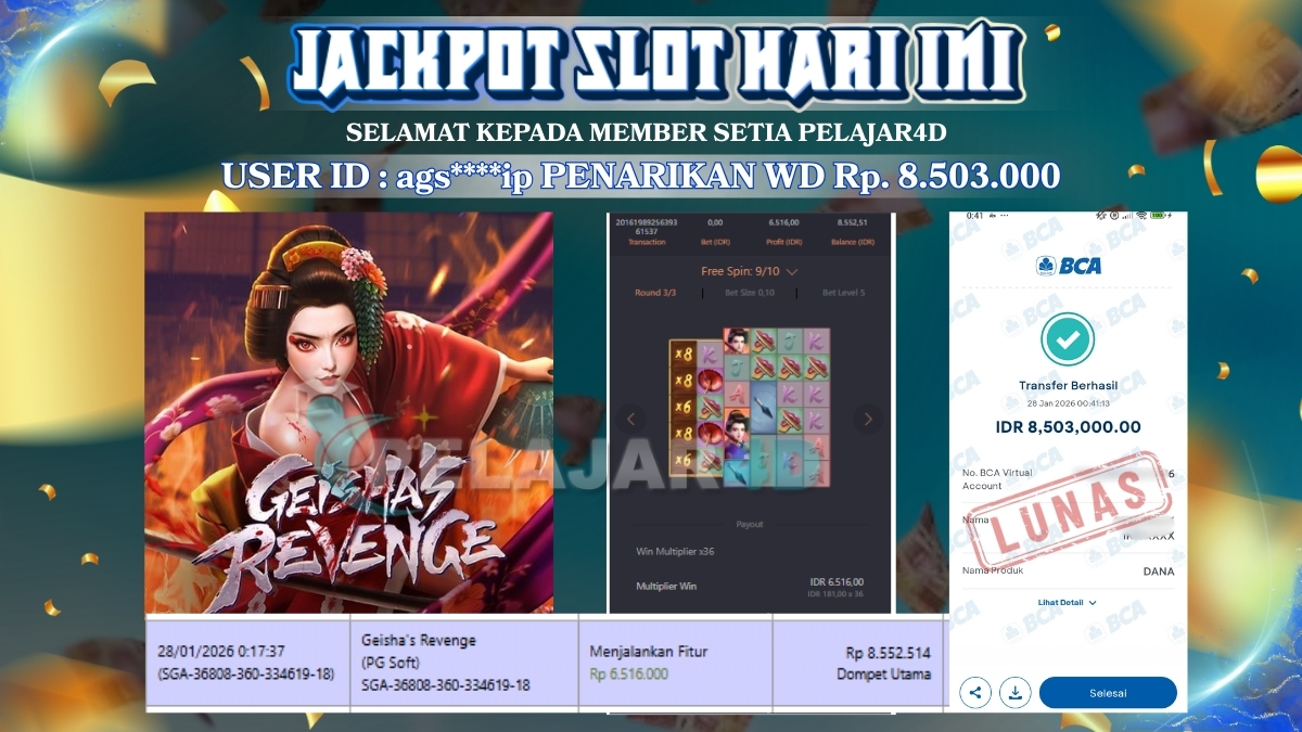 WIN DAN WD HARI INI DI PELAJAR4D RP. 8.503.000 DI GAME GEISHA’S REVENGE