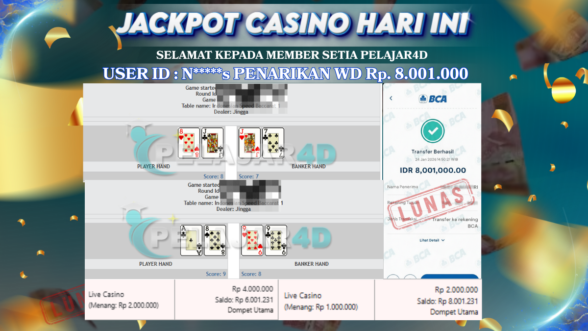 Jackpot Hari ini Di Casino Pragmatic Play Indonesia Speed Baccarat Rp 8.001.000