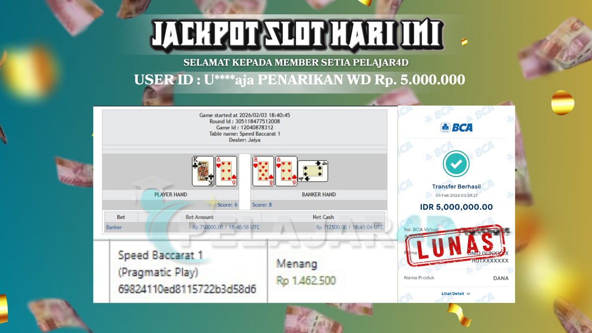 KEMENANGAN MEMBER BARU HARI INI Rp. 5.000.000