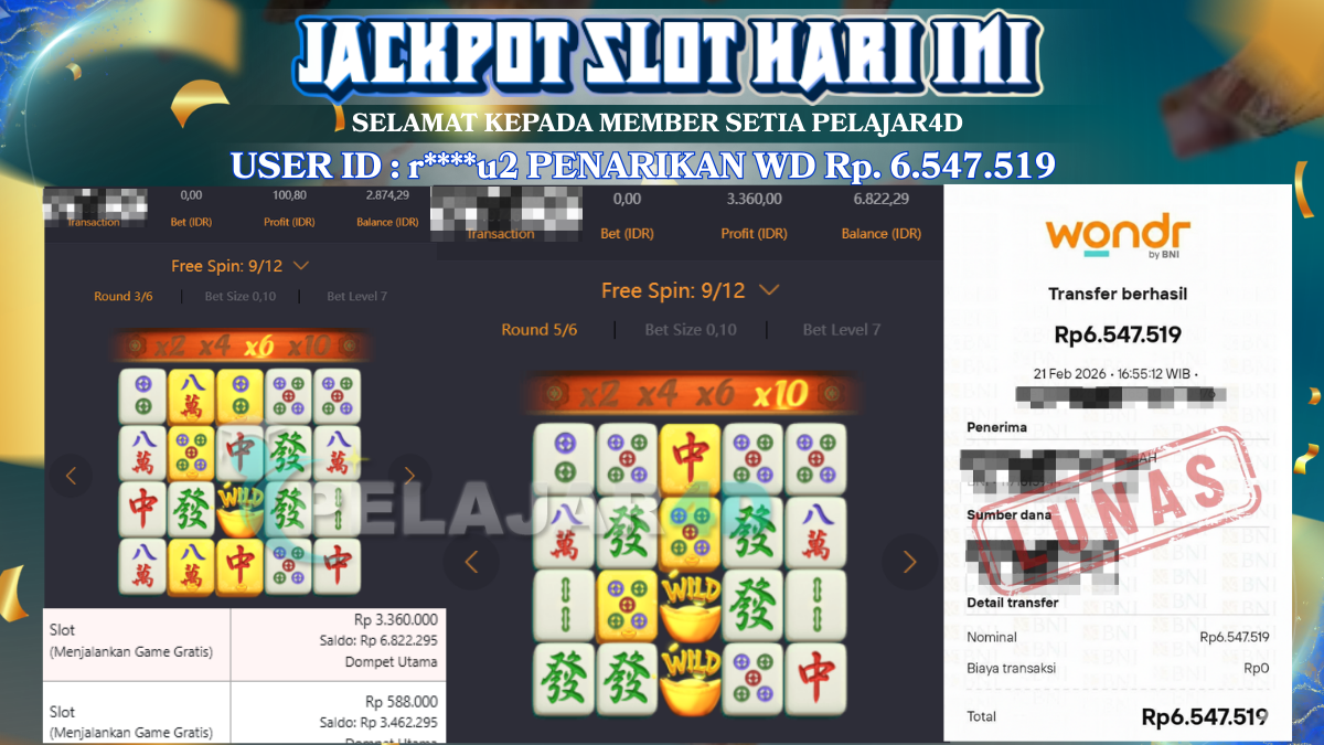 Jackpot Hari ini Di Slot PG Soft Game Mahjong Ways Rp 6.547.519
