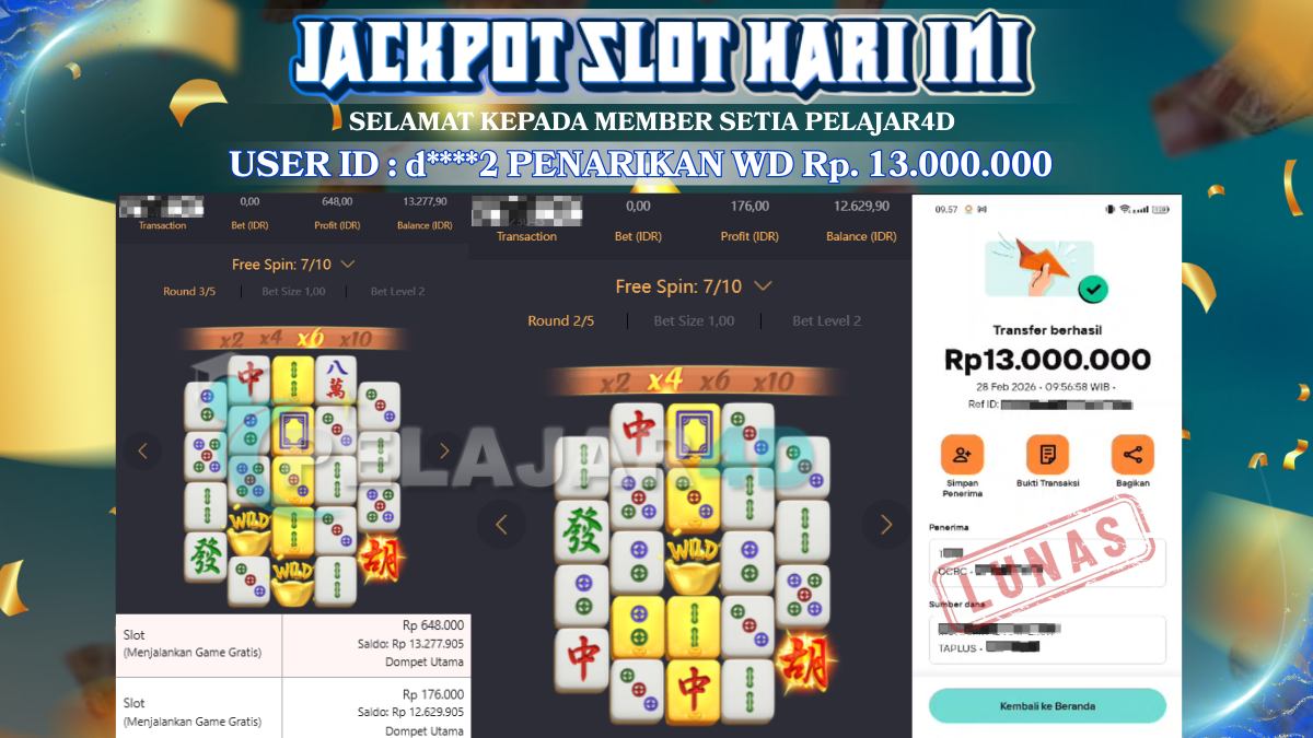 Jackpot Hari ini Di Slot PG Soft Game Mahjong Ways 2 Rp 13.000.000