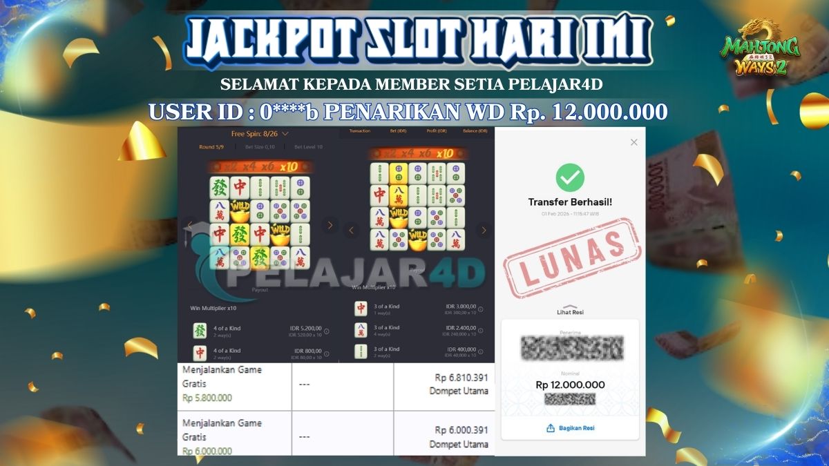Jackpot Hari ini Di Slot Pg Soft Game Mahjong Ways Rp 12.000.00
