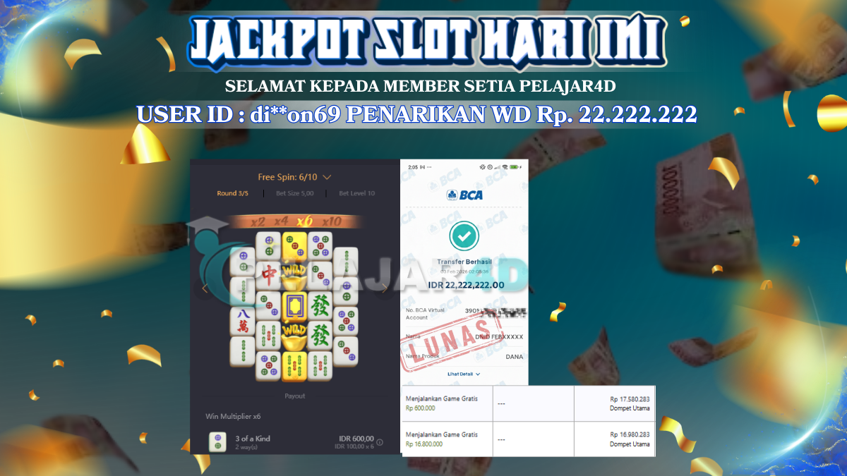 Profit Yang Gila Hanya Di Pelajar4D, bukti kemenangan member baru Rp. 22.222.222