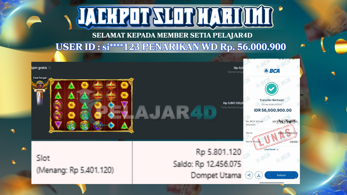 Situs Terbaik Memberikan Profit Yang Gila Hanya Di Pelajar4d, bukti kemenangan member baru Rp. 56.000.900