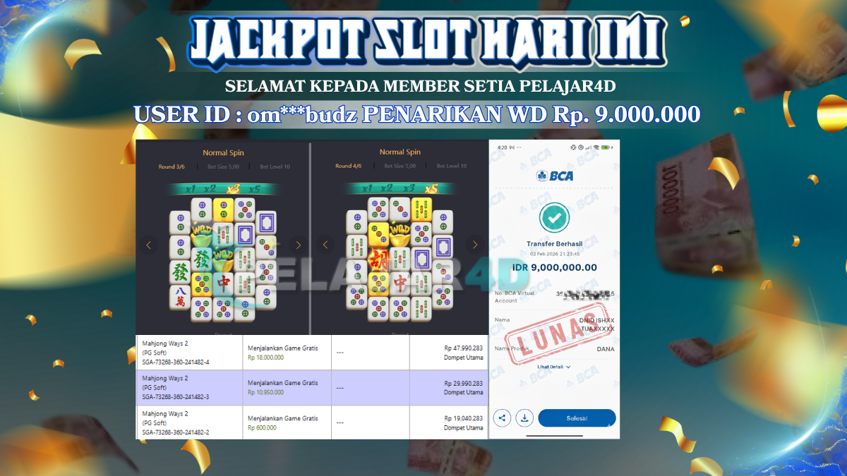 Bermain dengan hasil dan bukti nyata, kemenangan member baru Rp. 9.000.000