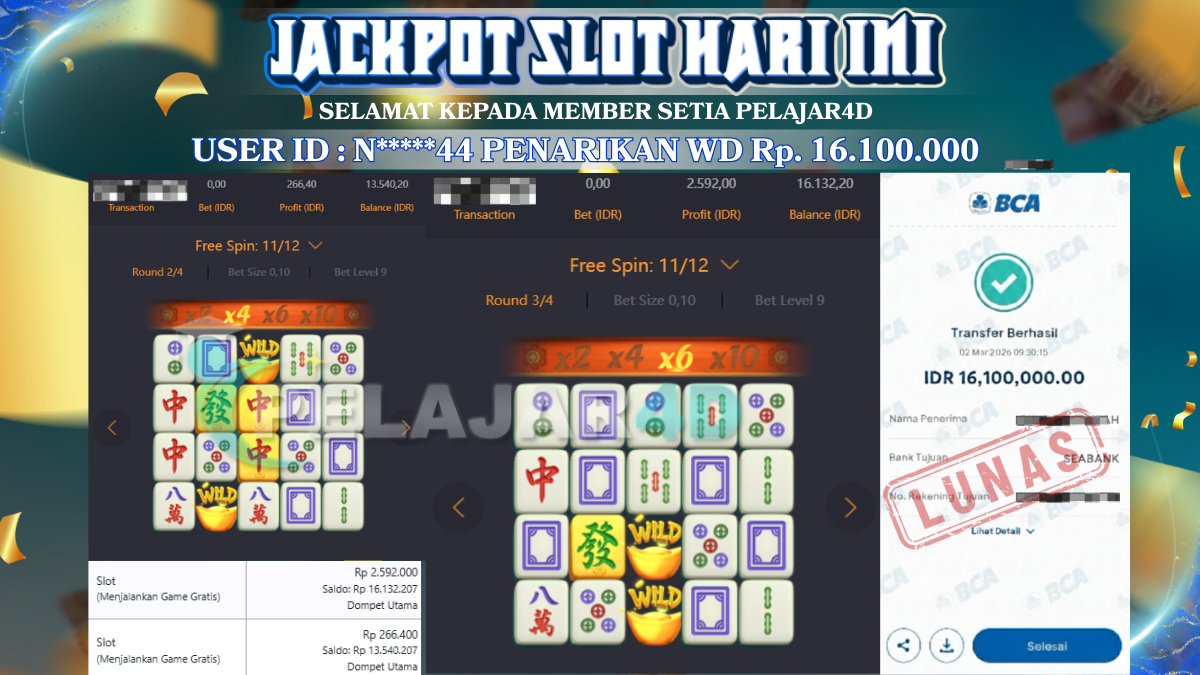 Jackpot Hari ini Di Slot Pg Soft Game Mahjong Ways Rp 16.100.000